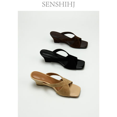 SENSHIHJ/森诗和匠头层羊翻皮交叉带一字拖鞋女方头坡跟高跟凉拖
