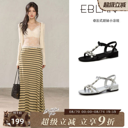 EBLAN/伊伴法式水钻蝴蝶结平底凉鞋女款夏季2026新款巨好看罗马鞋