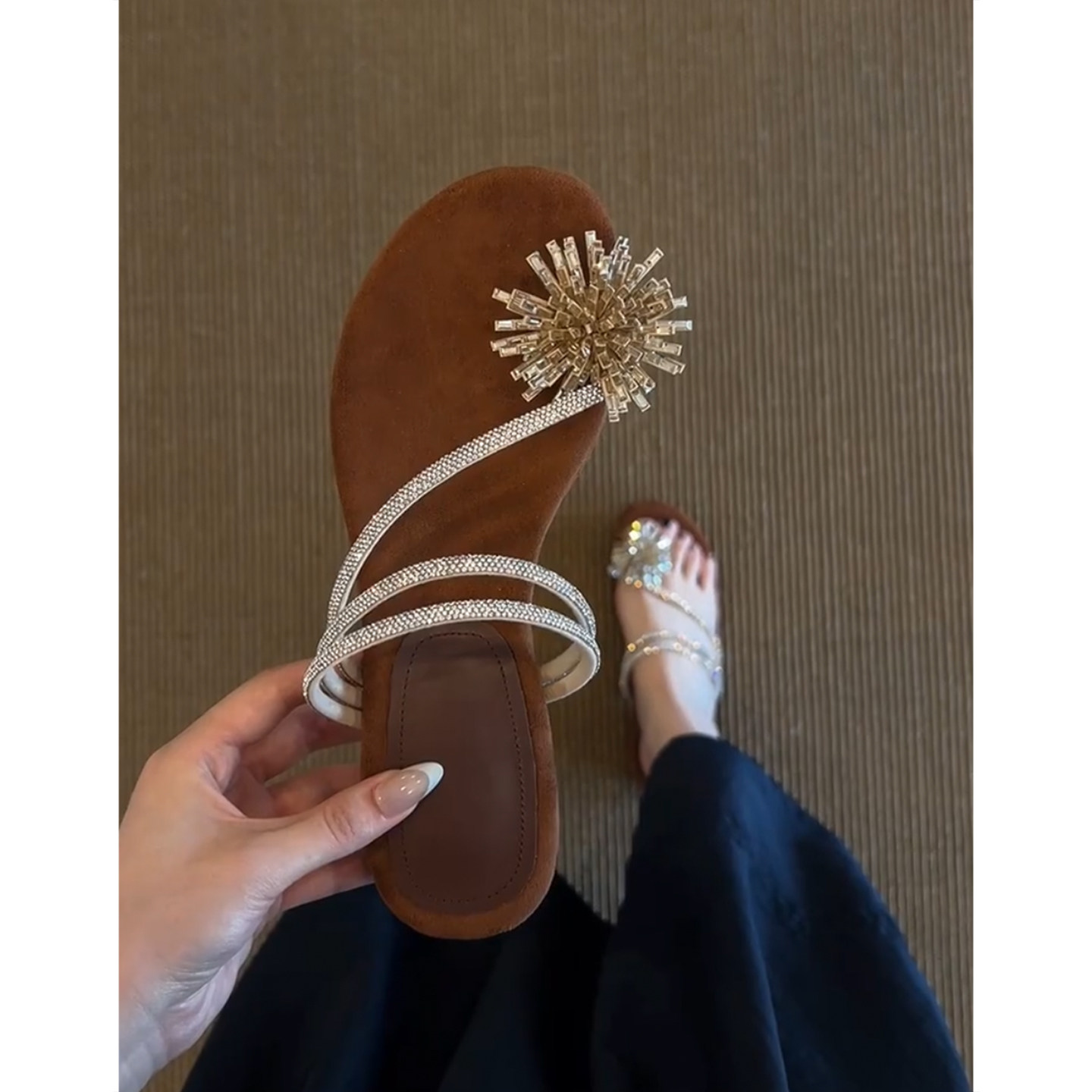羊皮版~法式水钻烟花套趾凉拖鞋女夏外穿仙女风绝美粗跟一字拖鞋主图