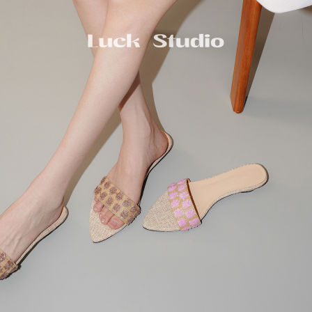 幸运说~绝美法式尖头薄底时髦单鞋一字带百搭凉拖鞋夏外穿懒人鞋