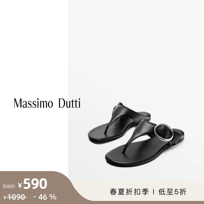 折扣季Massimo Dutti女鞋 2026夏季新款 黑色分趾设计金属环真皮平底凉鞋 11750750800主图