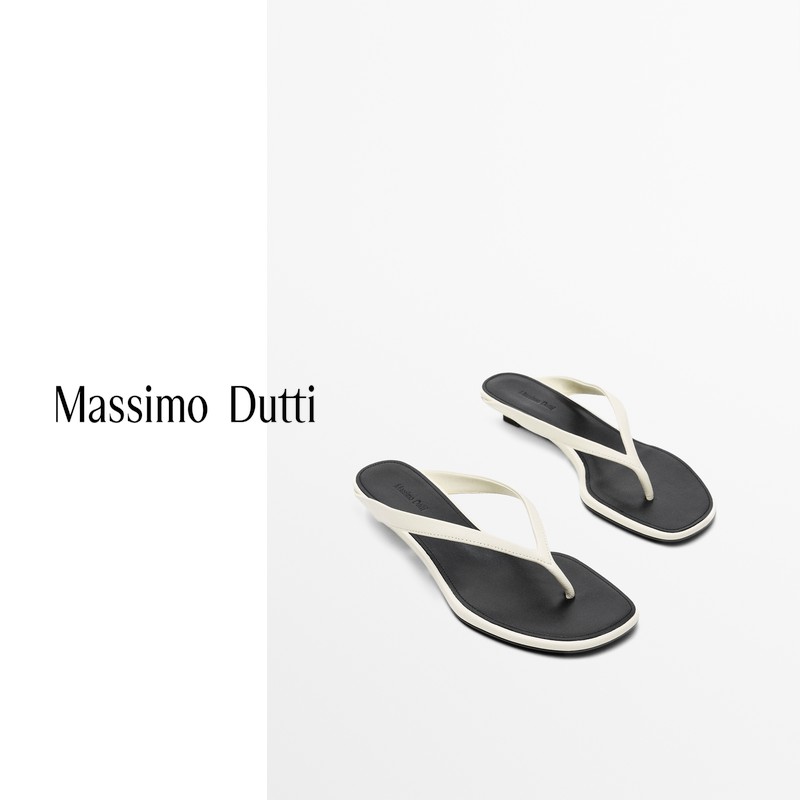 Massimo Dutti女鞋 2026夏季新款 白色简约中跟夹趾凉鞋 11708850001主图