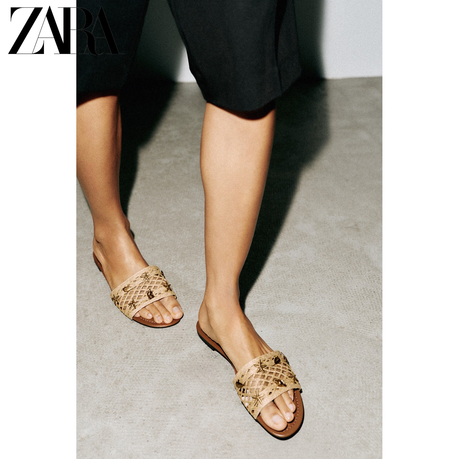 ZARA2026早秋新品 女鞋 编织面料拉带镶饰平底凉鞋 2620810 107主图