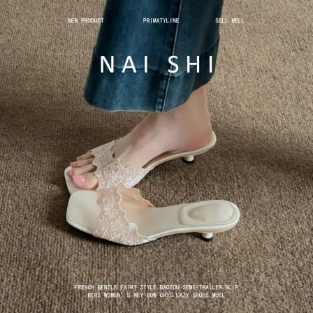 羊皮版！法式蕾丝小猫跟一字拖女夏外穿仙女配裙方头露趾凉鞋中跟
