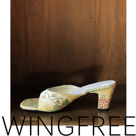 随意门/WINGFREE时髦品牌定制和风花卉纹样提花真皮中跟凉鞋/三色