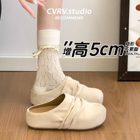 复古褶皱磨砂勃肯包头半拖鞋女外穿2026秋季新款厚底懒人博肯单鞋