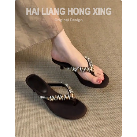 羊皮版~复古夹趾细跟凉鞋女绝美水钻百搭休闲高跟外穿人字凉拖鞋