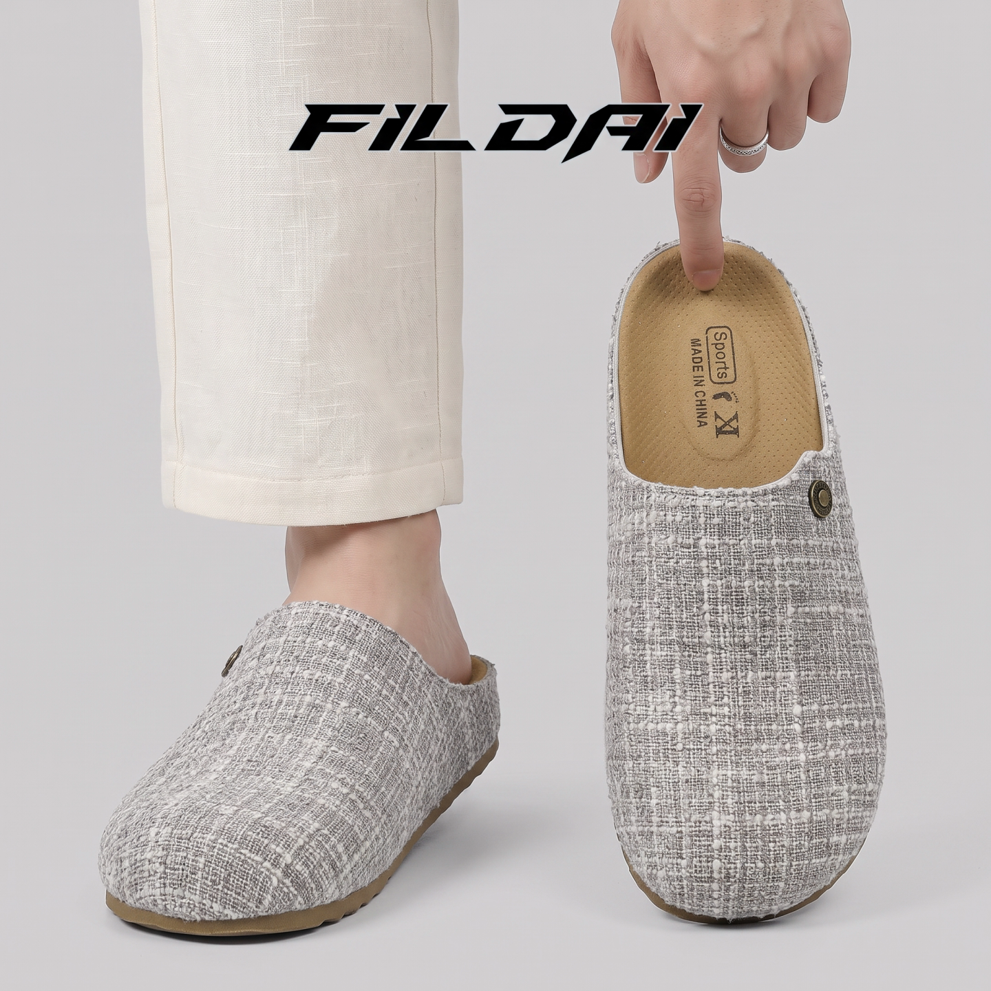 FILDAI复古勃肯拖鞋男夏季亚麻外穿一脚蹬板鞋休闲透气防滑半拖主图