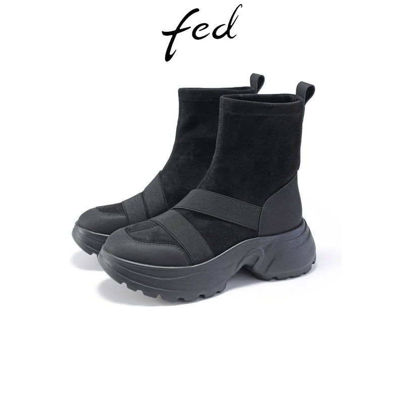 fed厚底短靴秋新款女靴复古时装靴黑色织带拼接显瘦通勤休闲女靴主图
