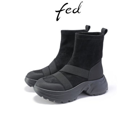 fed厚底短靴秋新款女靴复古时装靴黑色织带拼接显瘦通勤休闲女靴
