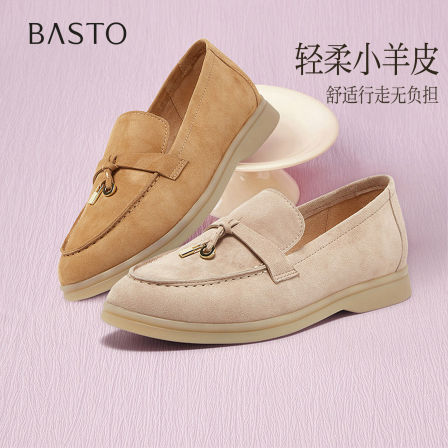 【YIYI直播间】百思图通勤羊皮乐福鞋一脚蹬粗跟女单鞋A4821AA5Z