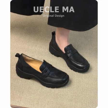 牛皮版~运动厚底乐福鞋女2026款复古单鞋子通勤黑色英伦风小皮鞋