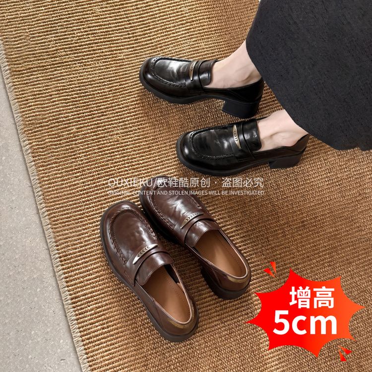 真皮乐福鞋女L-5015增高5cm显瘦小个子单鞋粗跟软底软面时尚百搭主图