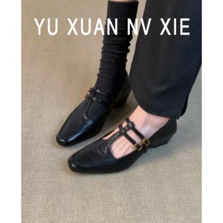 羊皮版~法式复古玛丽珍鞋女春秋新款时尚软底百搭通勤粗跟单鞋