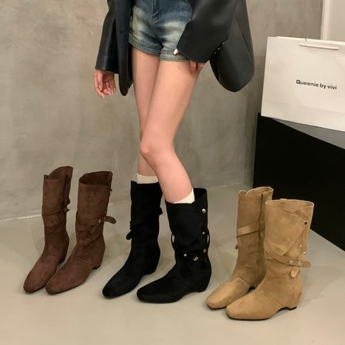内增高绒面堆堆靴中筒骑士靴女靴子2026秋冬季咖色美拉德瘦瘦长靴主图