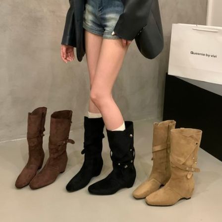 内增高绒面堆堆靴中筒骑士靴女靴子2026秋冬季咖色美拉德瘦瘦长靴