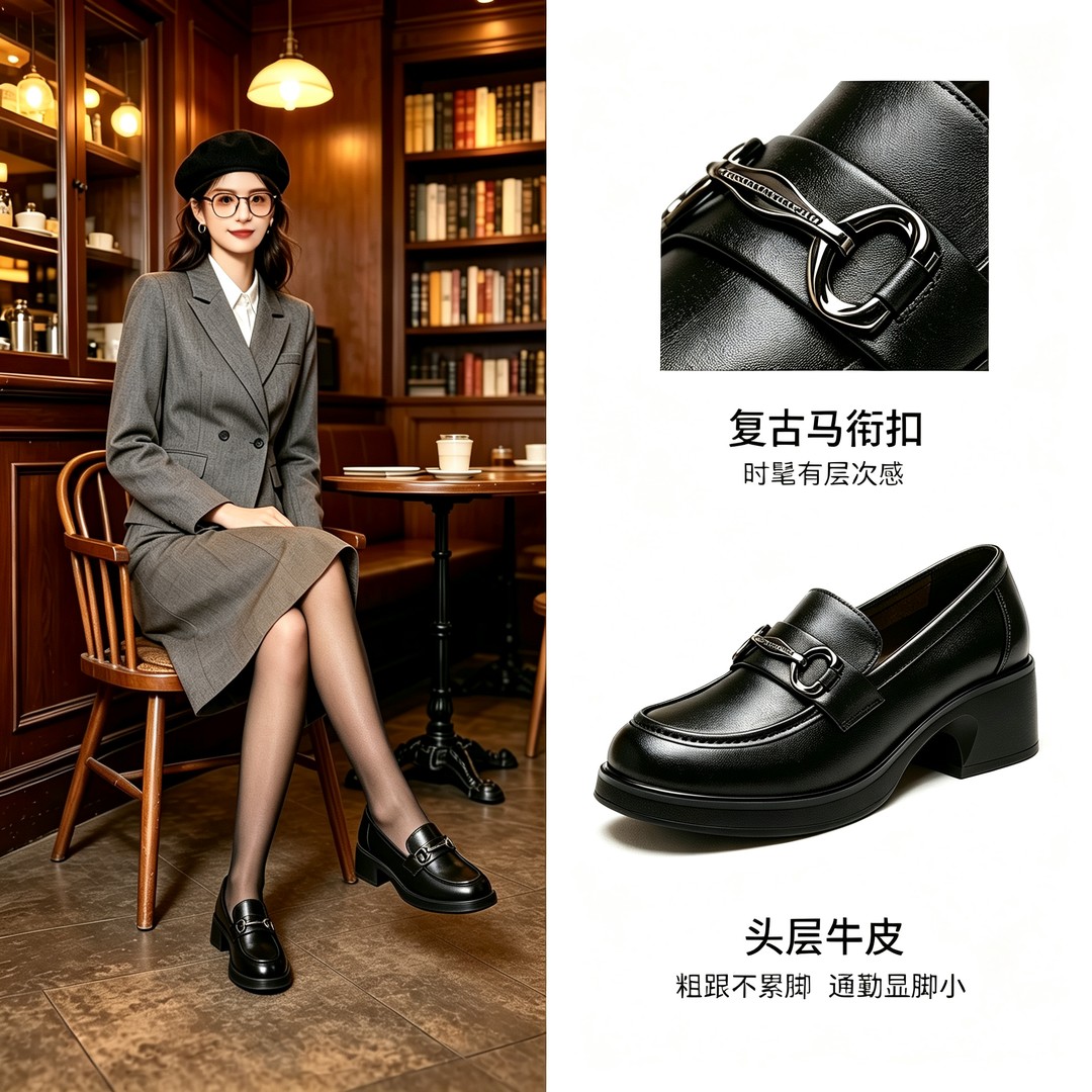 红蜻蜓女鞋2026秋款厚底增高真皮牛皮乐福鞋高跟软底软面单鞋主图