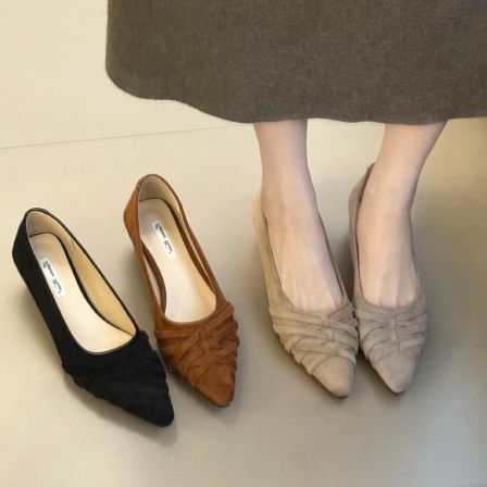 ochenwan复古绒面坡跟交叉编织通勤单鞋春秋新款休闲气质女鞋