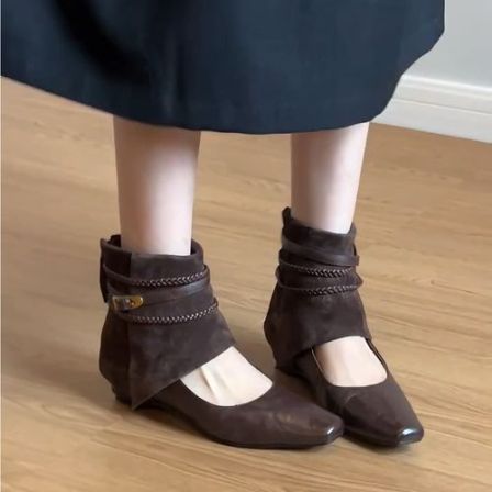 法式复古方头短靴编织绕带后拉链低跟玛丽珍凉靴女镂空西部靴百搭