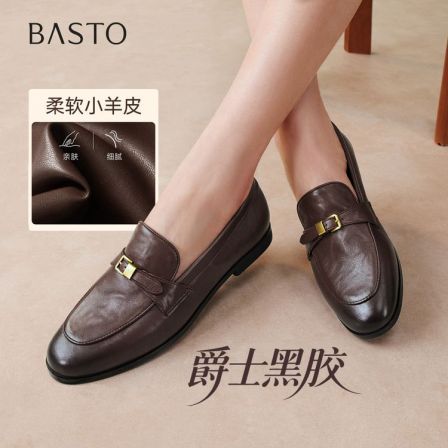 【商场同款】百思图2026秋羊皮乐福鞋燕麦格雷时尚复古女鞋UXS01AA6