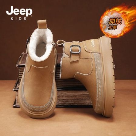 jeep男童加绒雪地靴秋冬款女童防滑保暖棉靴中大童软底舒适大棉鞋