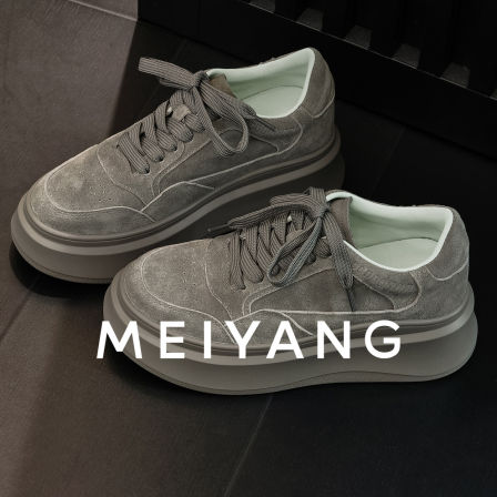 美洋MEIYANG 灰芝麻休闲鞋 牛反绒羊皮革_拯救穿搭简约增高厚底鞋