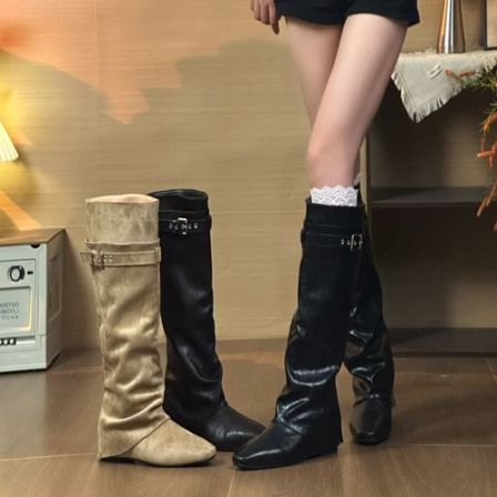尖头裤管靴女秋冬粗跟皮带扣长筒靴显瘦骑士靴时尚两穿高筒堆堆靴