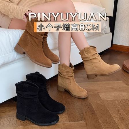 品语媛8cm秋冬粗跟美拉德堆堆靴女小个子增高复古百搭西部牛仔靴