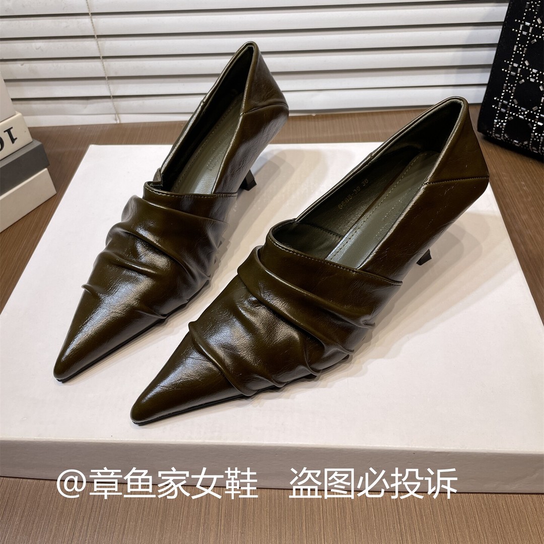 2种跟高丨法式褶皱设计深口猫跟尖头单鞋女细跟一脚蹬通勤高跟鞋主图
