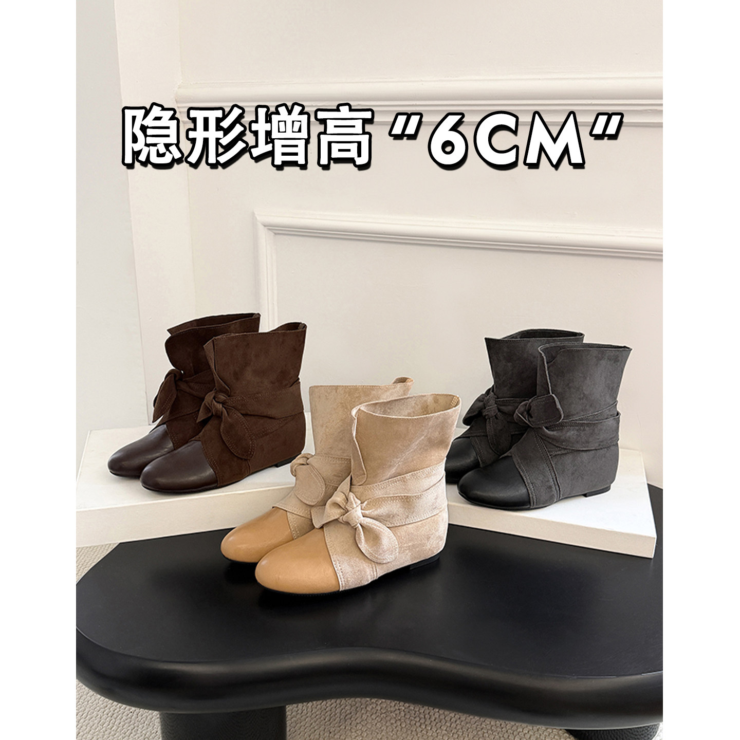 真皮~蝴蝶结绑带短靴女2026秋新款内增高西部牛仔靴美拉德骑士靴主图
