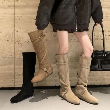增高5cm~堆堆靴女显瘦骑士靴秋冬胖mm长筒靴大筒围高筒靴大码靴子