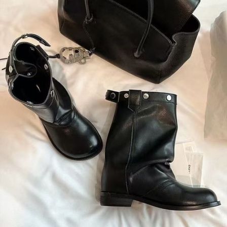 韩版复古休闲小众芒果鞋头百搭中筒靴女低跟宽筒搭扣软皮骑士靴新