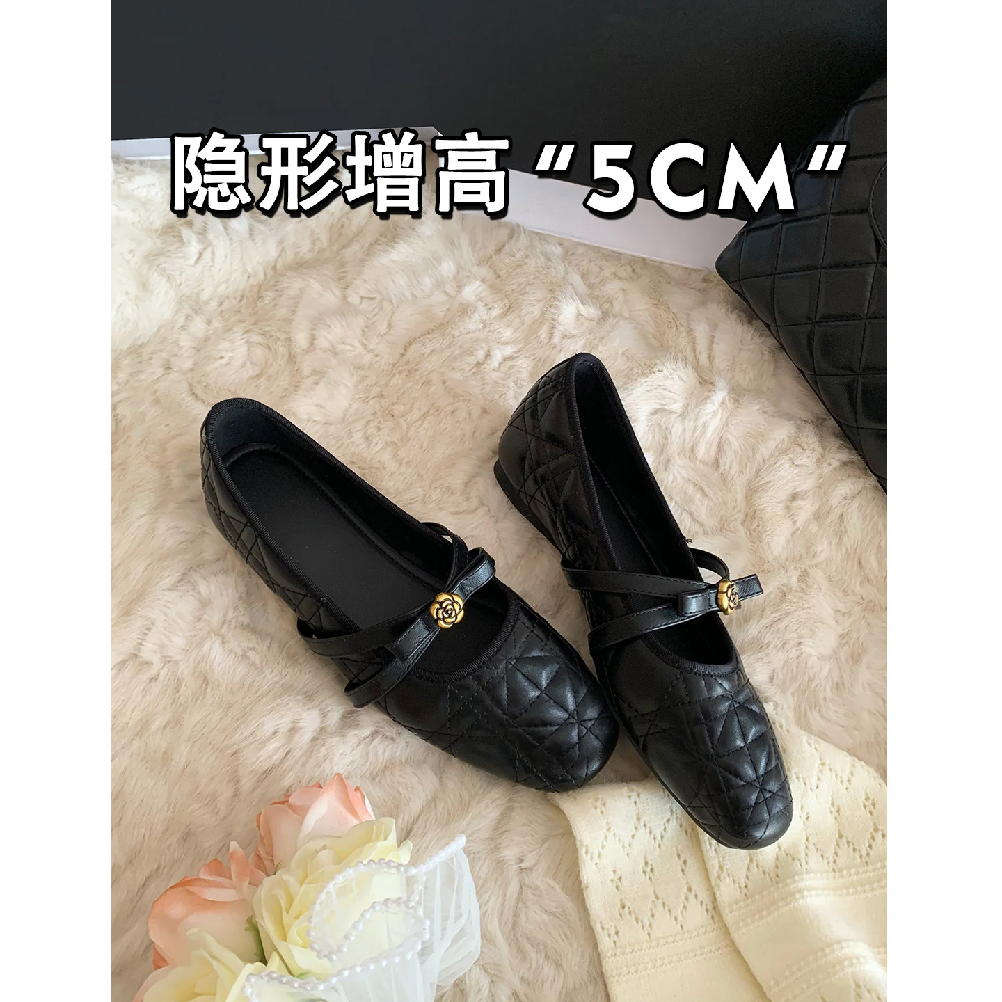 真皮~内增高法式小香风黑色玛丽珍鞋女新款小皮鞋蝴蝶结浅口单鞋主图