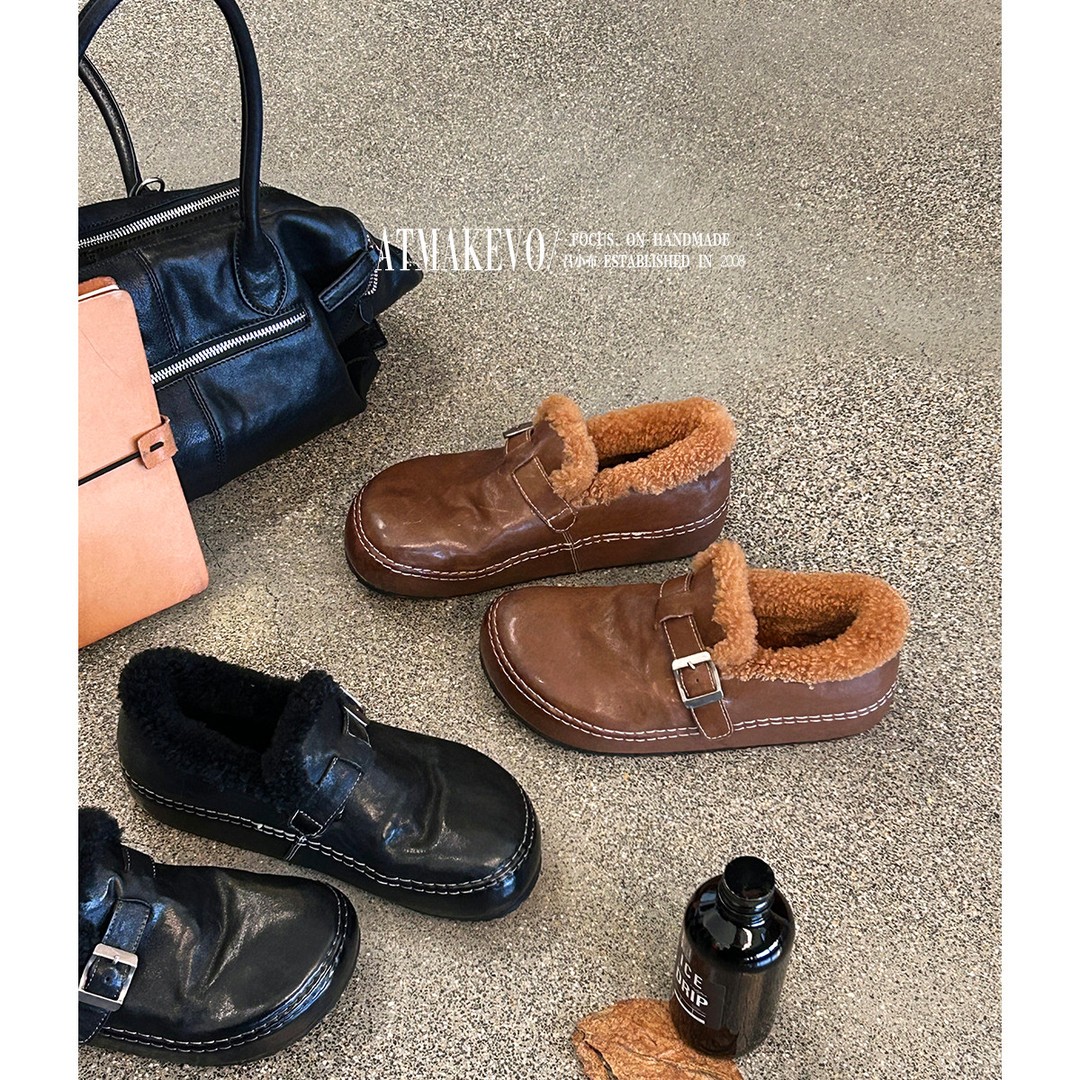 吕小布 | 老钱风勃肯鞋女 调节扣厚底一脚蹬羊皮毛一体毛毛鞋0761主图