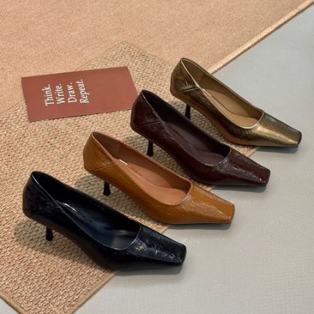 【跟高5cm】2026年秋季新款方头浅口高跟鞋时尚气质百搭软皮单鞋女