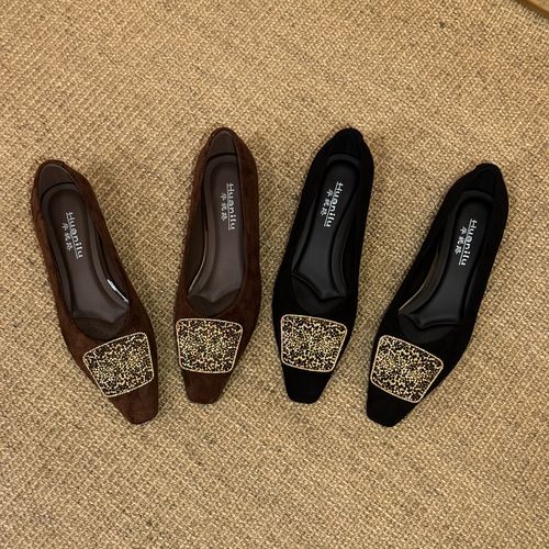 粗跟女鞋春秋季新款真皮法式水钻金属扣一脚蹬浅口单鞋主图
