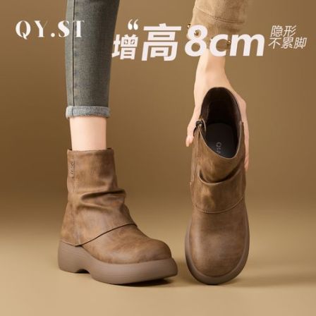8厘米增高秋冬新款厚底时尚百搭堆堆靴休闲复古马丁靴女短靴88098