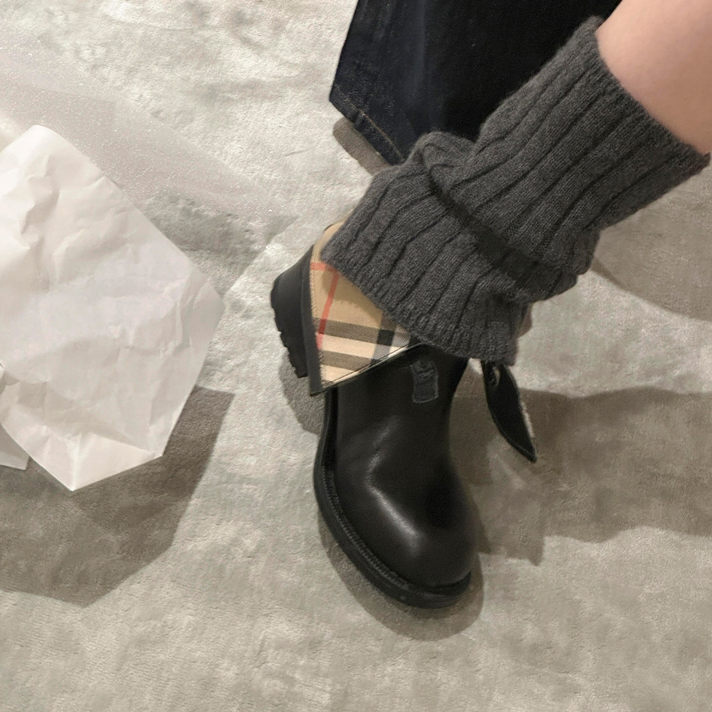 羊皮版~英伦风时尚格纹拼接短筒靴女休闲百搭西部靴真皮切尔西靴主图