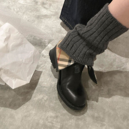 羊皮版~英伦风时尚格纹拼接短筒靴女休闲百搭西部靴真皮切尔西靴