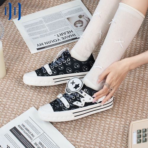 顽刻ollieskate三明治黑色骷髅校园风W学生男女国潮帆布滑板鞋主图