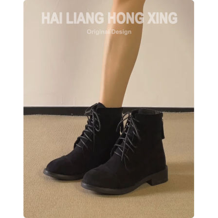 羊皮版~复古英伦厚底马丁靴女新款百搭系带后拉链粗跟瘦瘦靴短靴
