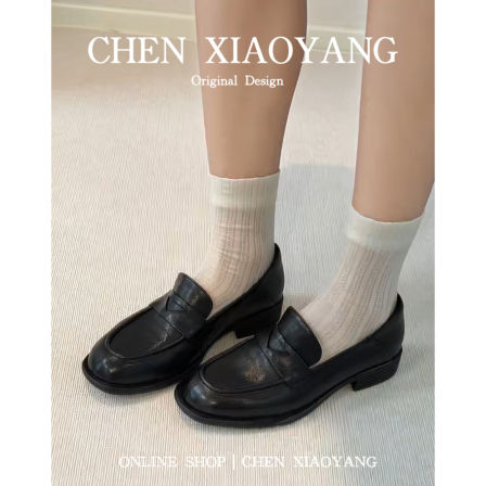 SHEEPRA羊皮版~学院风粗跟乐福鞋女黑色一脚蹬通勤单鞋百搭小皮鞋