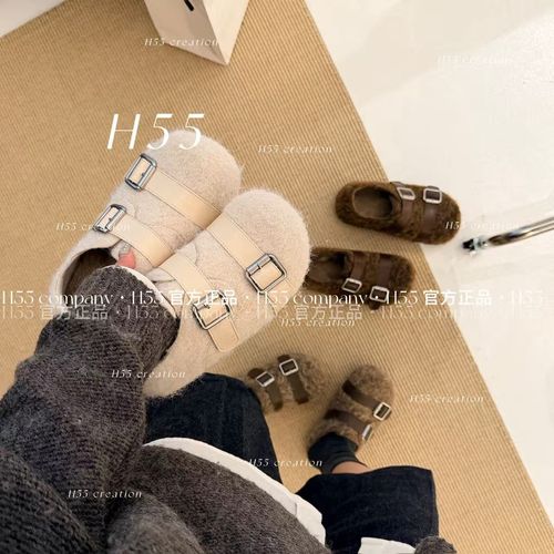 【H55粉丝专享】秋冬上新毛绒金属袢带俏皮懒人一脚蹬博肯鞋09-3847主图