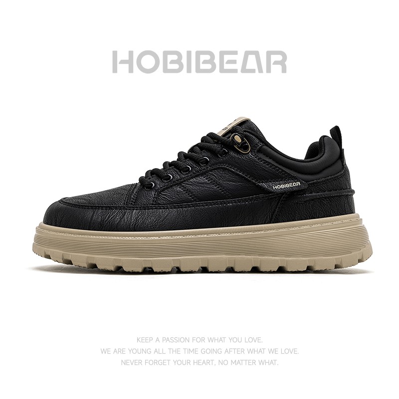 HOBIBEAR男士秋季新款宽头工装鞋厚底百搭皮面潮鞋防滑运动休闲鞋主图