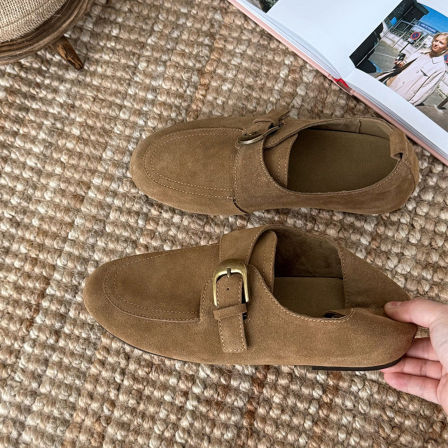 羊皮版~复古气质皮带扣一脚蹬乐福鞋女通勤豆豆鞋圆头内增高单鞋