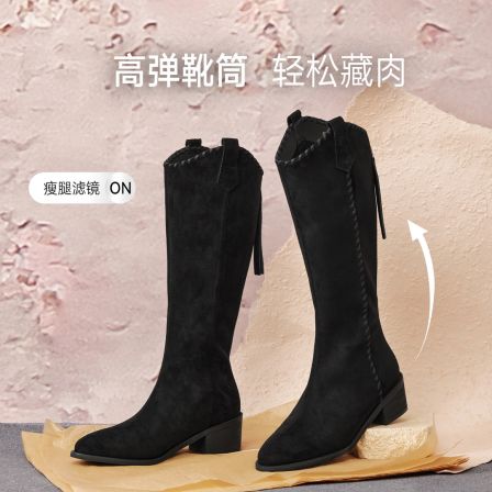 【燕麦格雷】百思图2026冬季新款燕麦格雷骑士靴粗跟女长靴F3016DG5