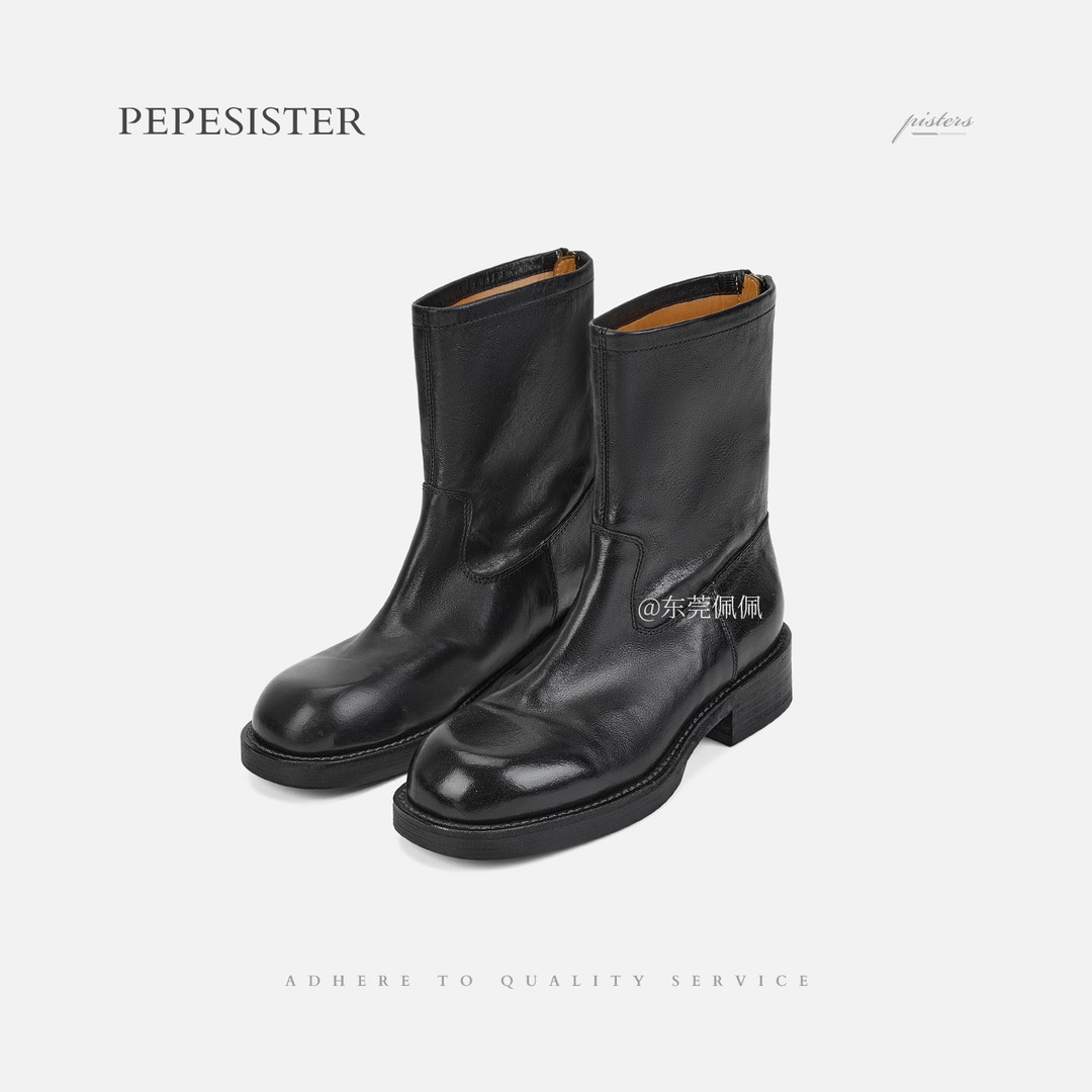 PEPESISTER【恪简】水洗牛皮粗跟机车靴女瘦瘦靴马丁靴短靴子B1726主图