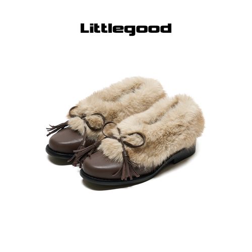 littlegood复古蝴蝶结女软底舒适百搭通勤芭蕾鞋加绒主图