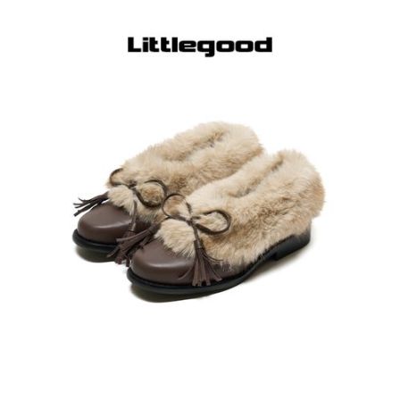 littlegood复古蝴蝶结女软底舒适百搭通勤芭蕾鞋加绒