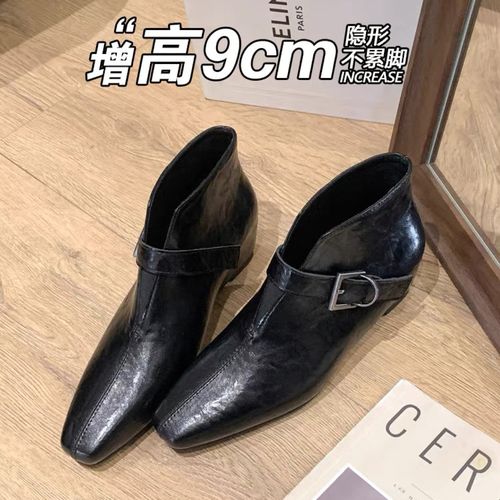 内增高9CM不累脚新款方头复古深口皮鞋女短靴英伦风小个子及踝靴主图